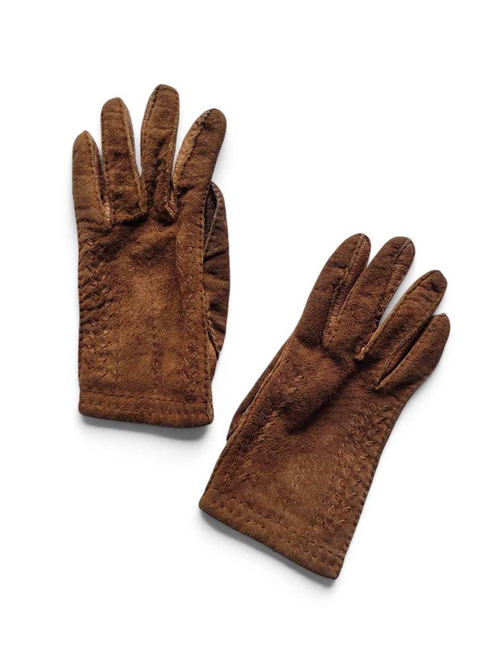 Vintage 70s Aris Brown Suede Gloves With Stitching Details 6 1/2